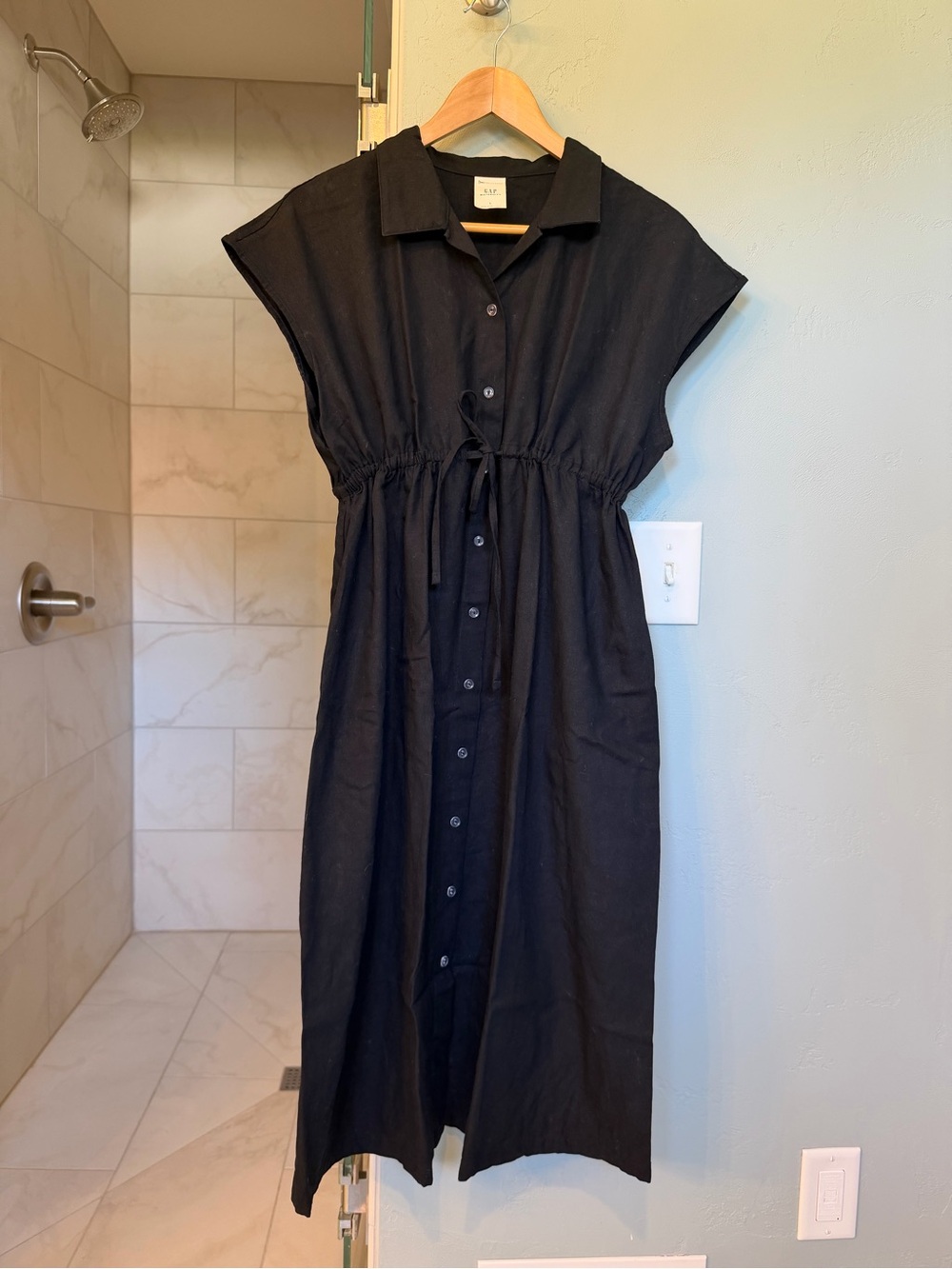 GAP Maternity Black Button-Front Linen Drawstring Midi Dress - Size L